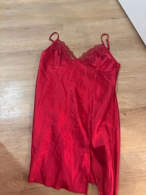 Women's Red Satin Lace Trim Slip Dress